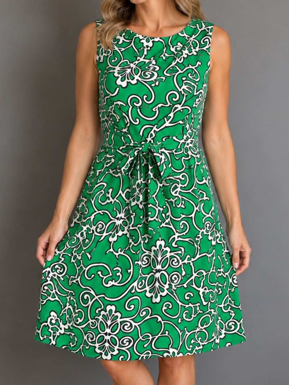INC International Concepts Petite Green Scroll Print Sheath Dress Removable Belt